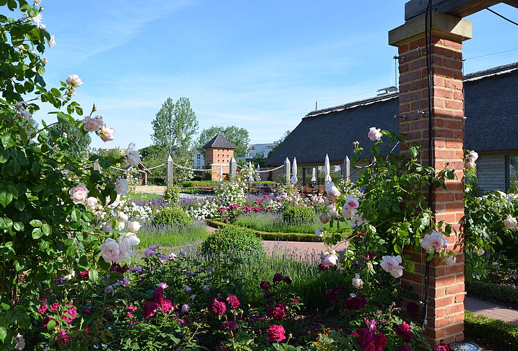 Blick auf Blumen und Teehaus im Englischen Landschaftsgarten in den Gärten der Welt