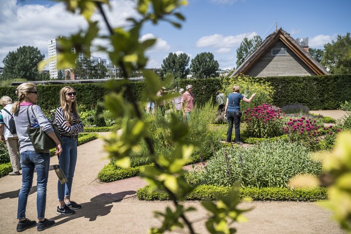 Besucher beim Betrachten der Pflanzen im Englischen Landschaftsgarten in den Gärten der Welt